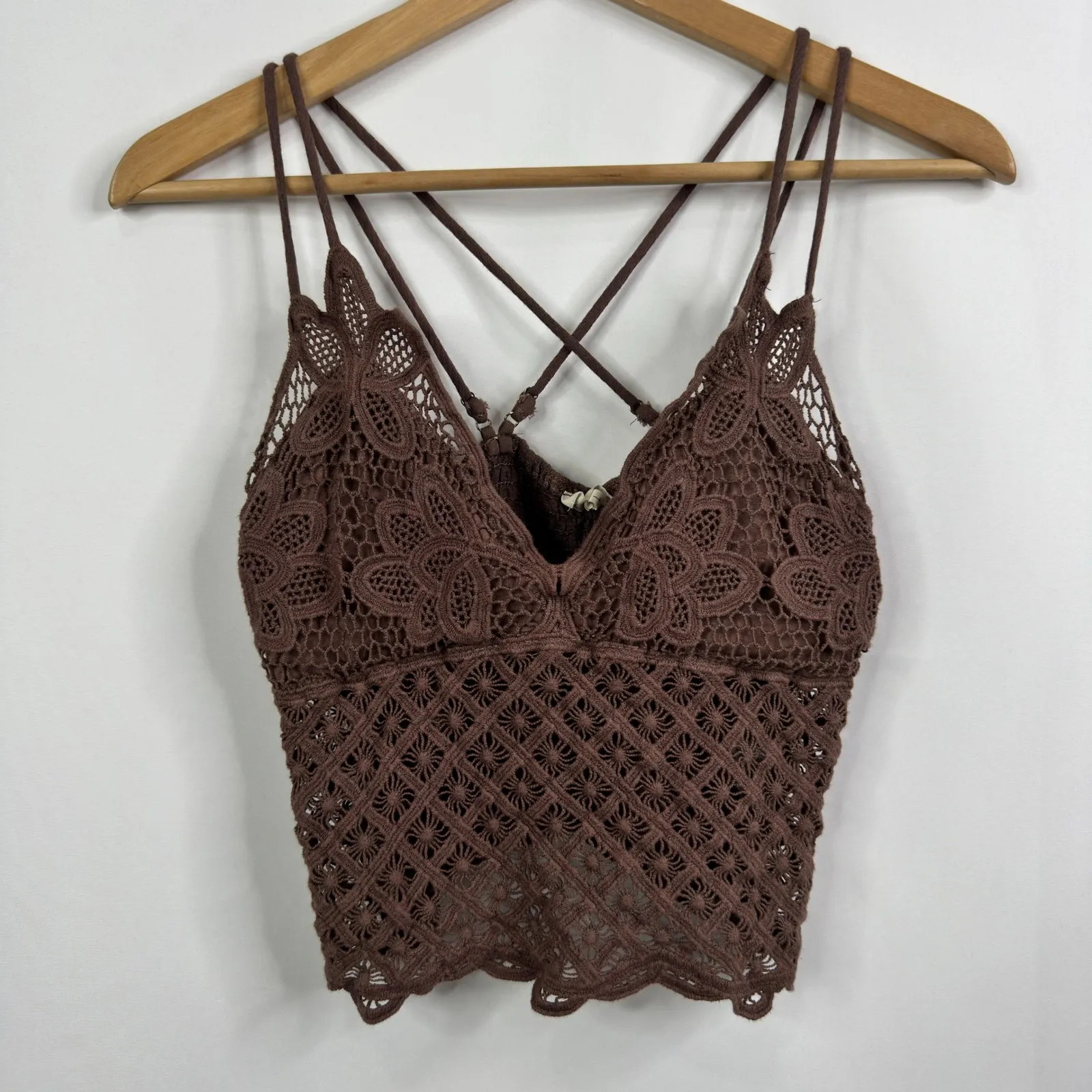 La Miel Crochet Lace Crop Top Brown Spaghetti Strap Boho Festival Size L Size L - Image 3