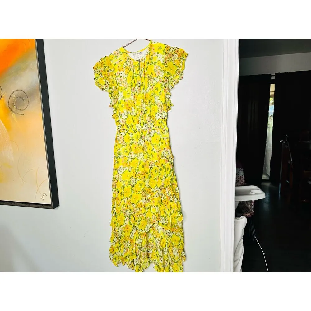 SHOSHANNA Yellow Floral Chiffon Short Flutter Sleeve Ruffle Hemline Dress size 0 - Image 2