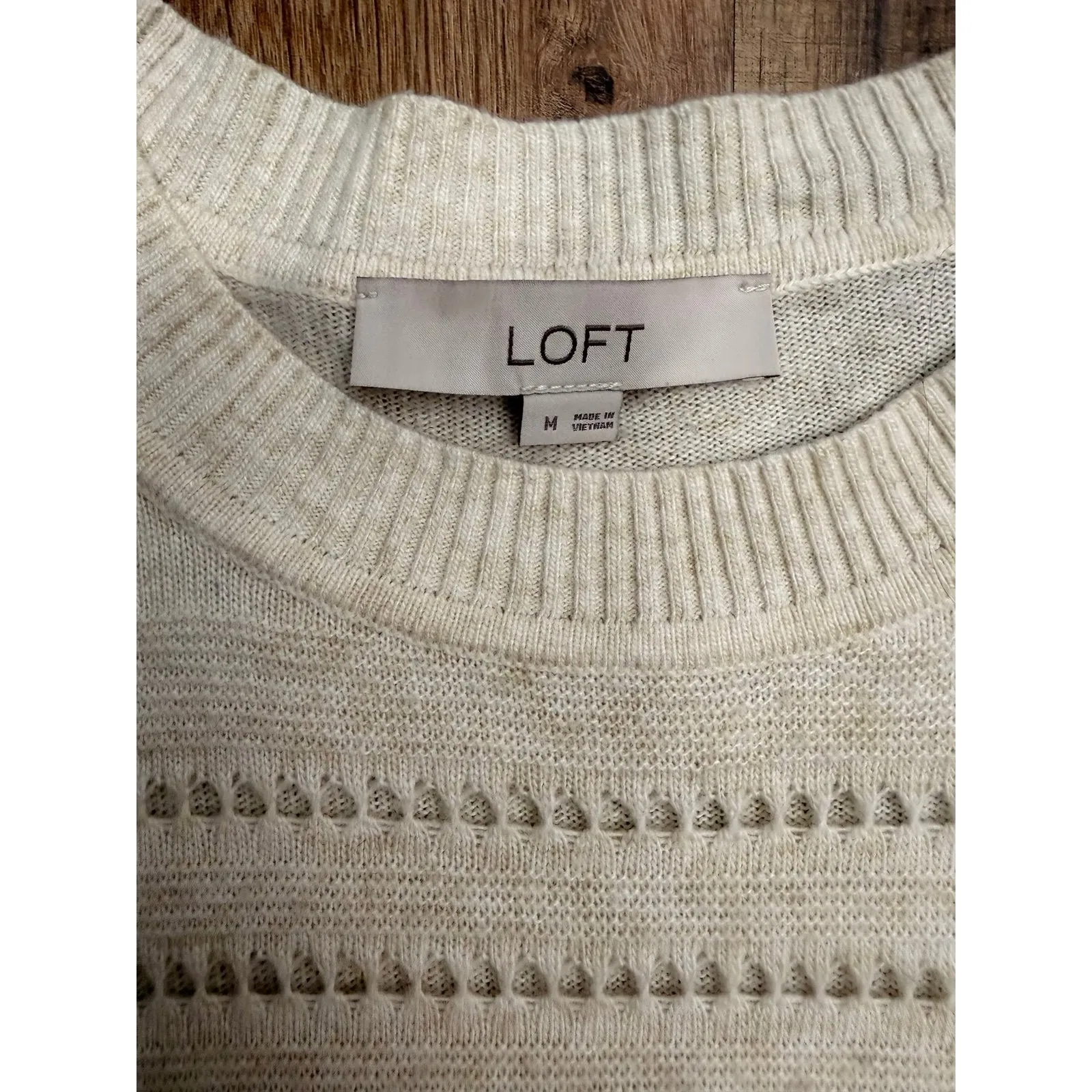 LOFT Cream Wool Blend Pointelle Long Sleeve Tunic Sweater Size M - Image 4