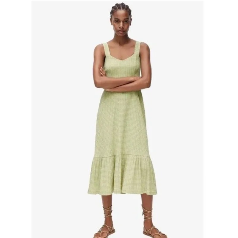 Mango Gingham Check Midi Dress Size 6 Green Tan Square Neck Summer Cottagecore - Image 3