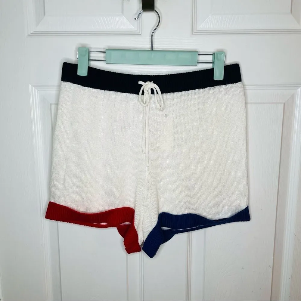 Anthropologie ColorBlock Cotton Blend High Waist Sweater Shorts Red White Blue M - Image 4