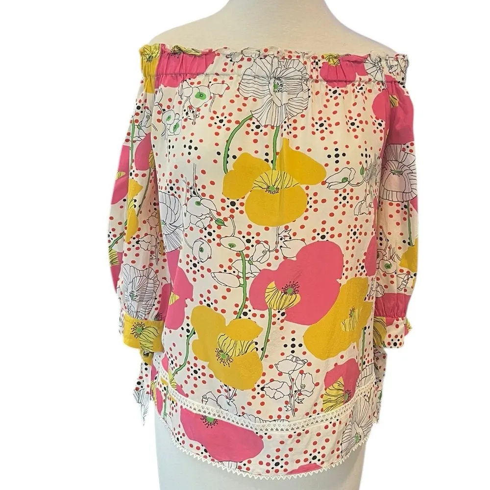 Trina Turk 100% Silk Off The Shoulder Floral 3/4 Length Sleeve Blouse Small - Image 3