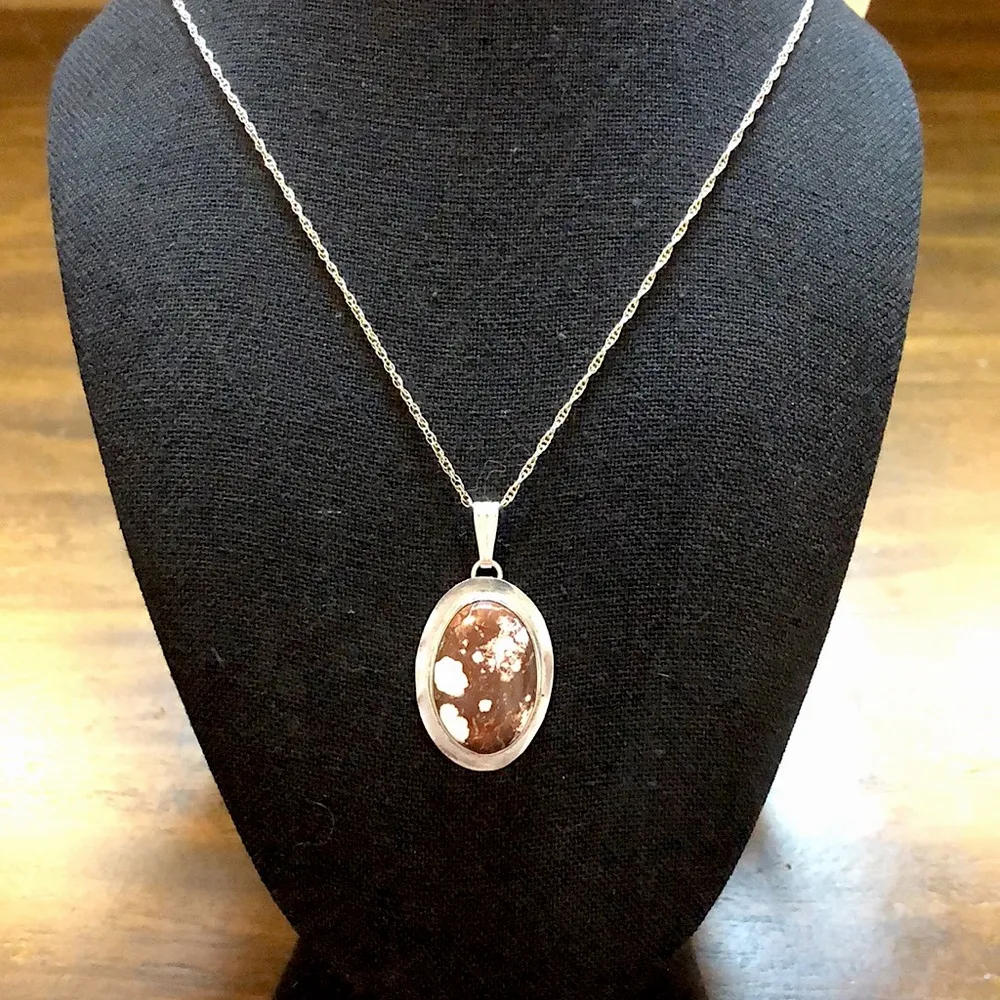 Speckled Jasper Pendant with Sterling Silver Bezel and Sterling Necklace - Image 2