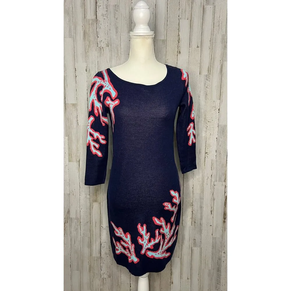 Lilly Pulitzer Women's XS‎ Blue Sweater Dress 3/4 Sleeve Coral Pattern - Image 2