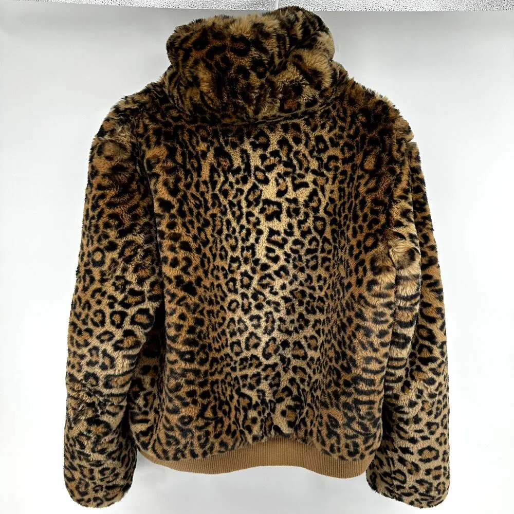 Generation Love Heidi Bomber Jacket Leopard Print Faux Fur Pockets Brown Large - Image 5