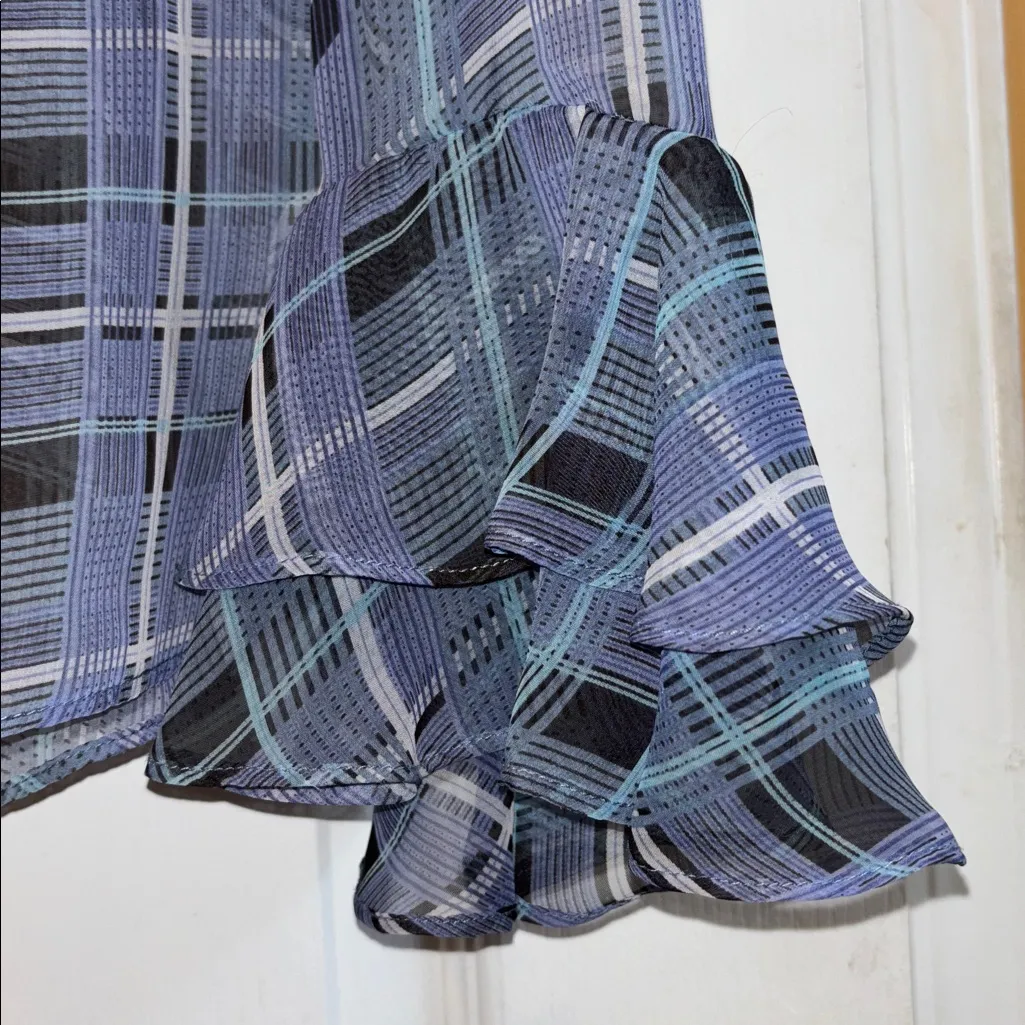 CABI BLOUSE SHADES OF BLUE RUFFLES DOWN CHEST ON CUFFS GATHERS IN BACK/FRONT - Image 5