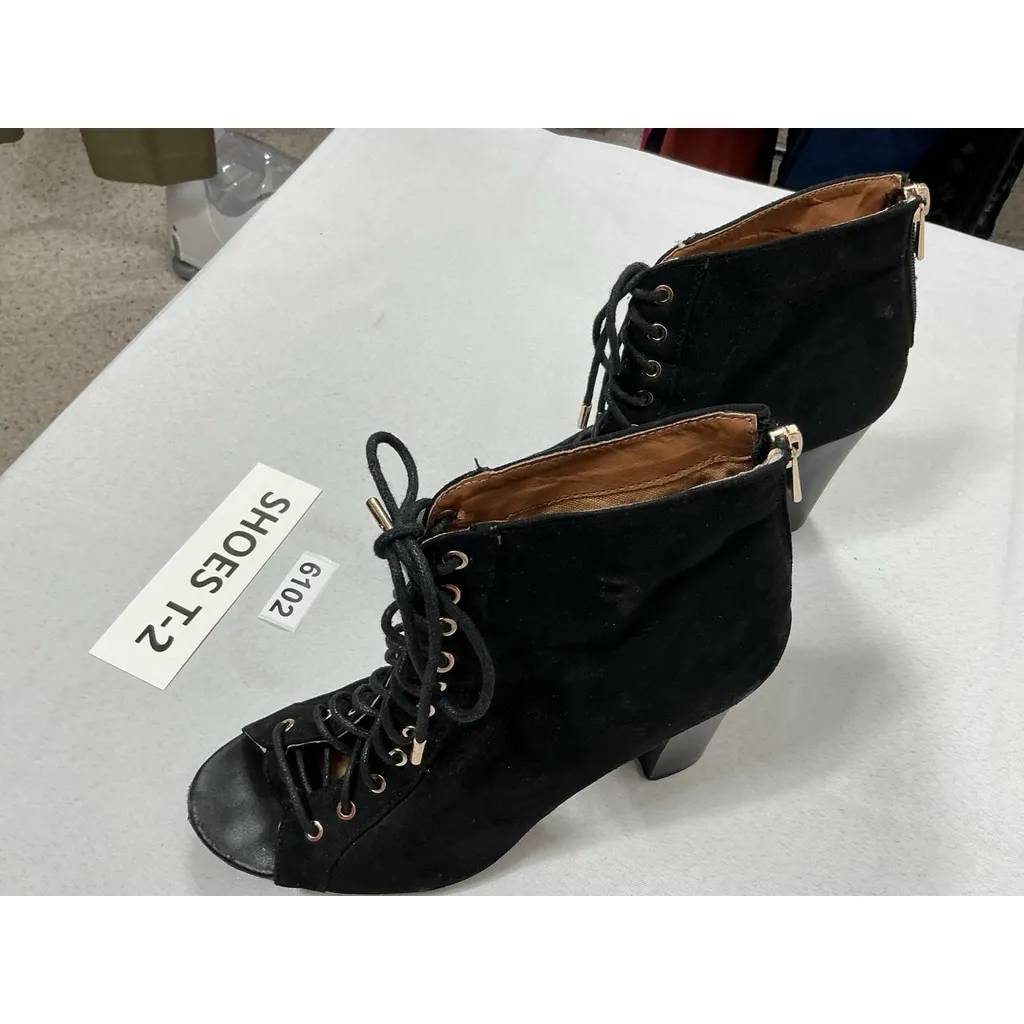 Womans Bamboo Booties Eu 40 Us 10 Black Peep Toe Lace Up Zip Up Stacked Heel - Image 2