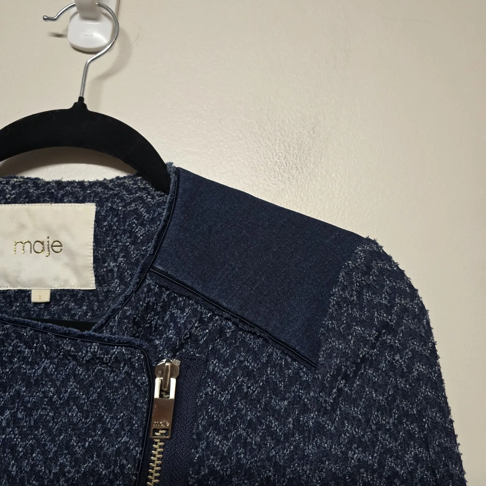 Maje Womens Blue Full Zip Tweed Cotton Knit Jacket Blazer Size 1/S‎ Elbow Patch - Image 2