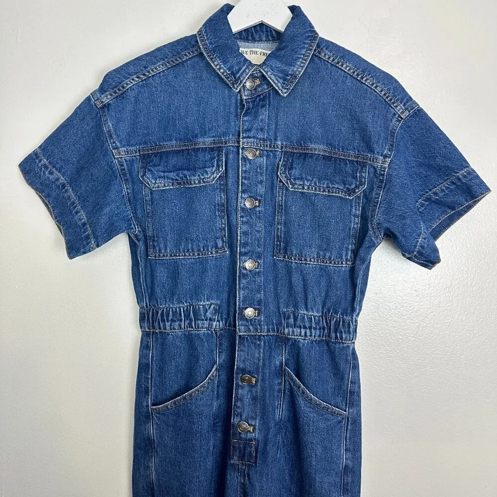 FREE PEOPLE Marci Denim Jumpsuit in Wash Sapphire Blue Size X-Small - Image 5