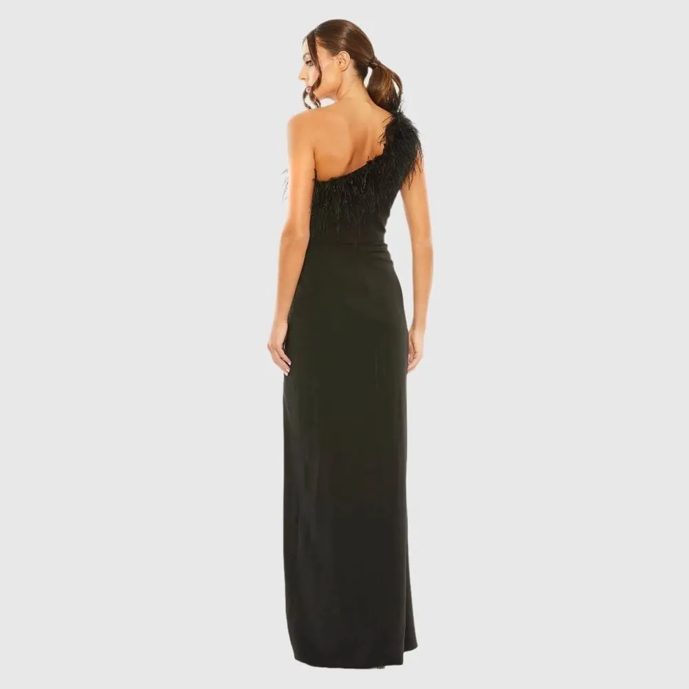 MAC DUGGAL 68456 Black One Shoulder Feather Trim Gown Dress - Image 5