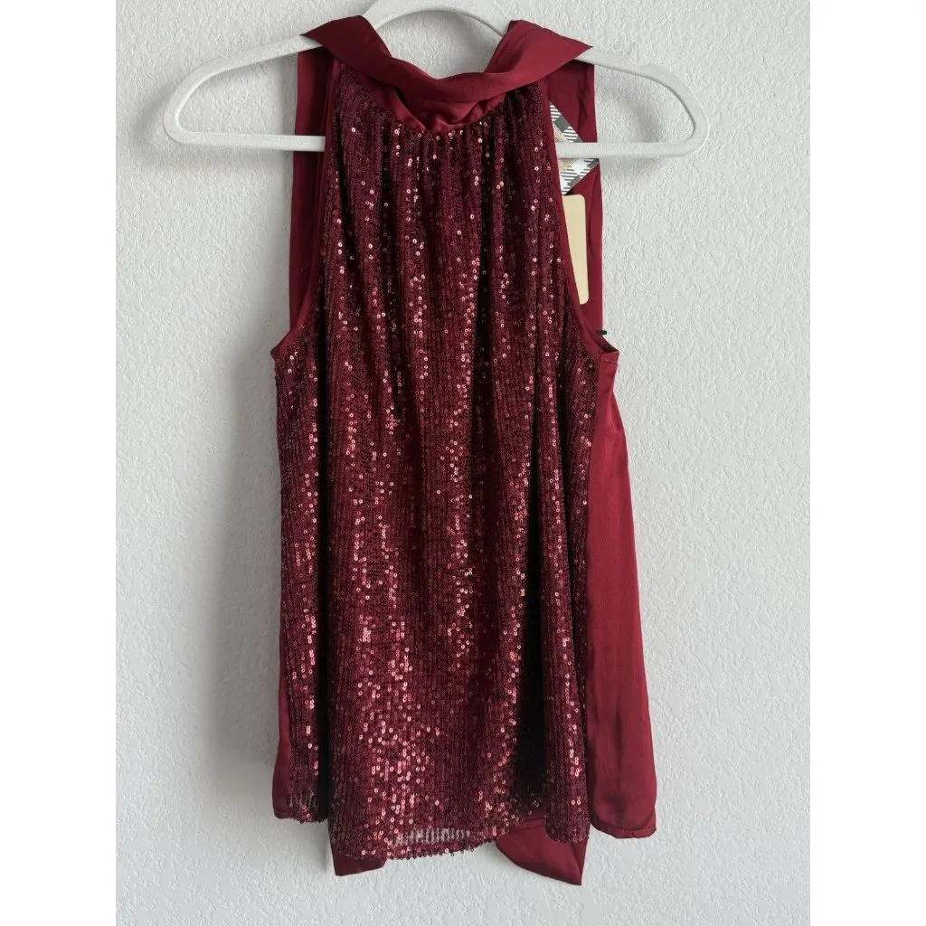 Entro Women’s Wine Halter Neck Sequin Satin Sleeveless Blouse Shimmer Size M NEW - Image 3