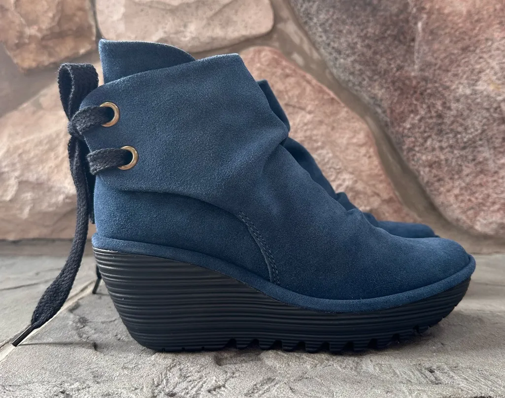 Fly London Yama Navy Blue Suede Leather Platform Wedge Booties Lace Up Back - Image 1