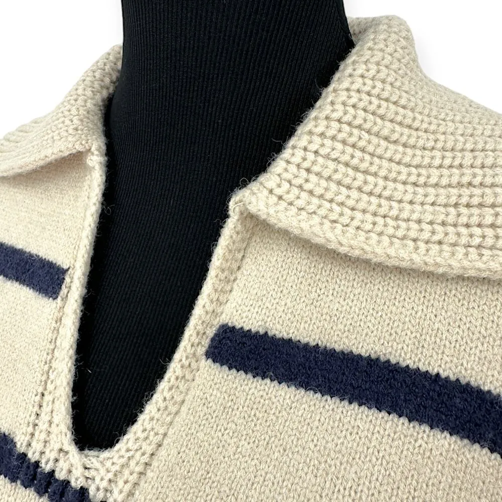 Storia | S | Ivory / Navy Stripe Heavy Knit Ribbed Collar V-Neck Cropped Sweater - Image 2