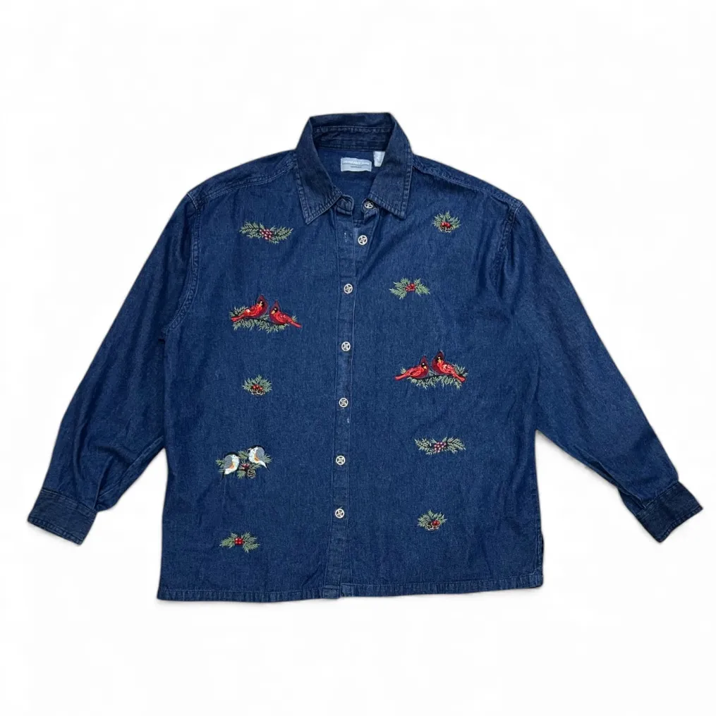 Company One Denim Shirt With Embroidered Cardinals, Holly, & Chickadees Size 1X Blue - Image 13