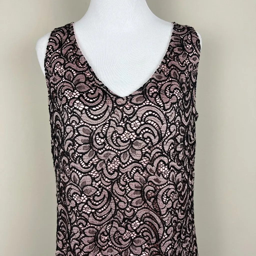 Sharagano Maxi Dress 12 Black Pink Lace‎ Lined V-Neck Sheath Sleeveless Slit Zip - Image 5