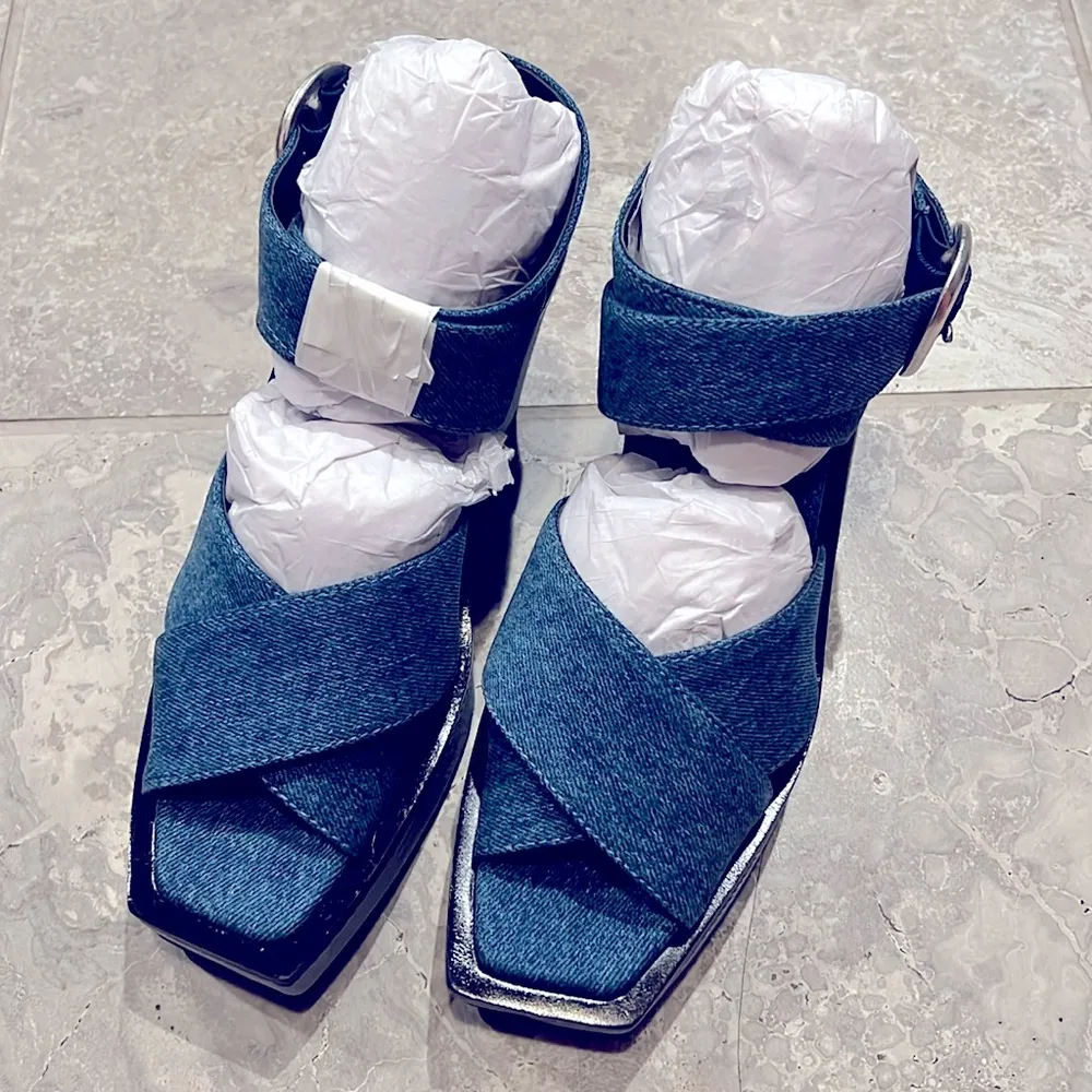 Rag & Bone Santiago Ankle Strap Platform Wedge Sandals Denim, Size 8.5/38.5 NWT - Image 9