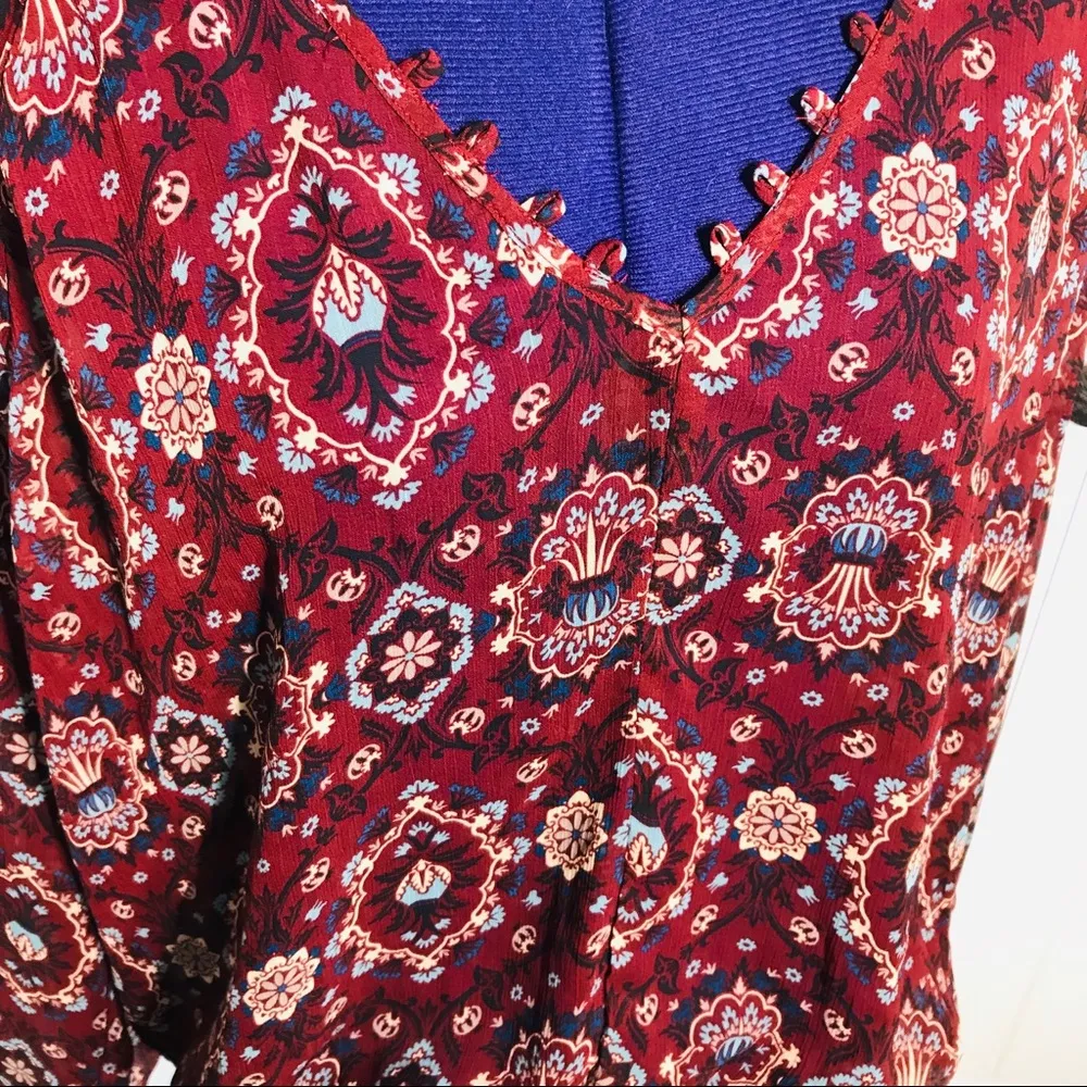 Chloe K Boho Paisley Floral Maroon Red V Neck Long Sleeve Peasant Blouse Size XL - Image 5