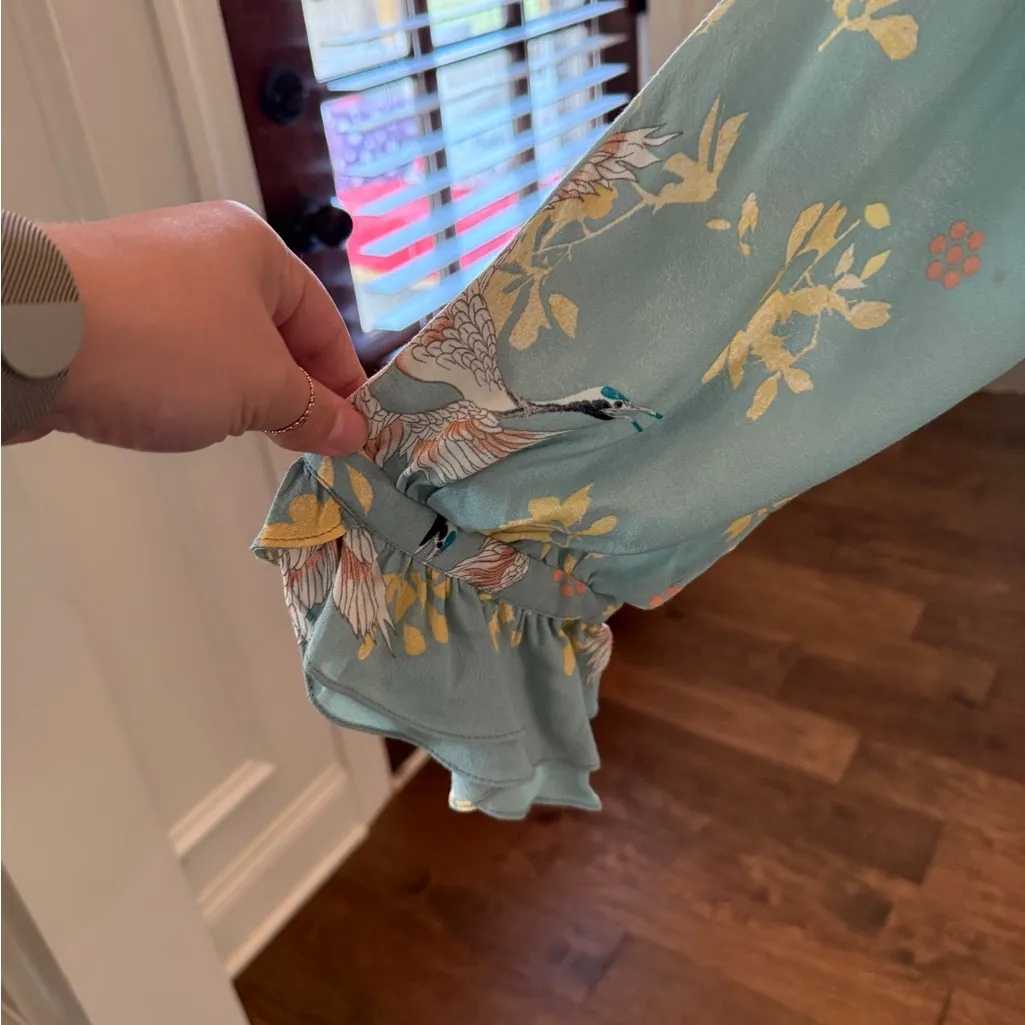 ZARA NWOT Floral Bird Print Ruffle Sleeve Tie Neck with Buttons Top - Image 6