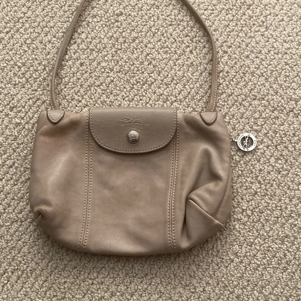 Longchamp Le Pliage Beige Leather Mini Crossbody Handbag Genuine Leather GUC - Image 2