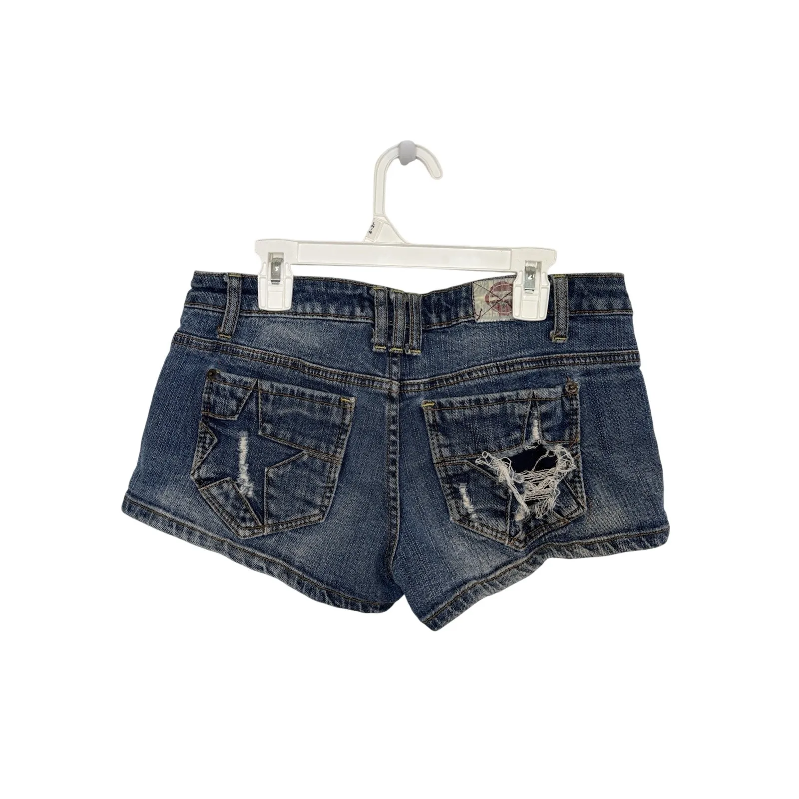 Y2K T Five Denim Shorts Size 7 Low Rise Whiskering Star Cut Outs Festival Blue - Image 4