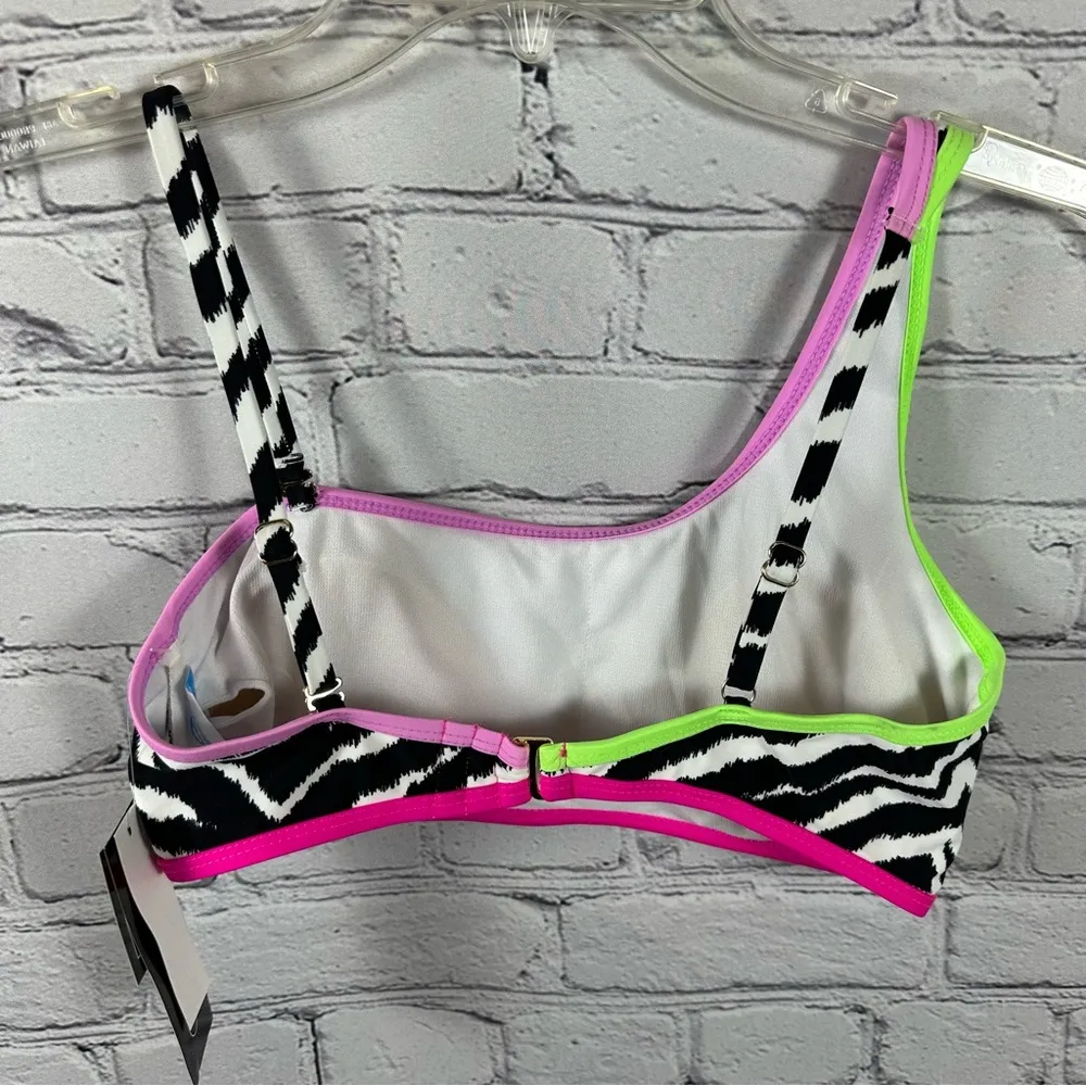 California Waves Juniors’ Printed Asymmetric Bikini Top Black Pink Lime L NWT - Image 3