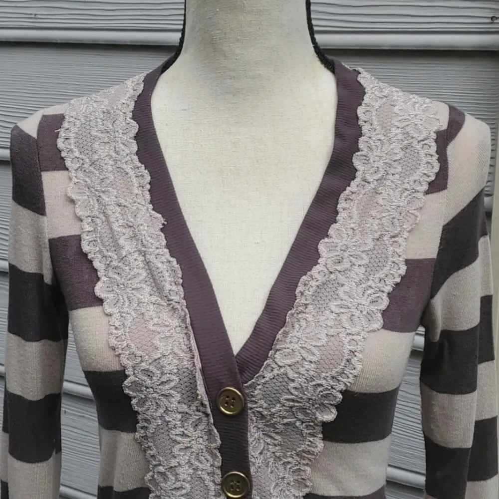 Pleione | Anthropologie V-Neck Striped 3/4 Sleeve Cardigan with Lace Accent - Image 2