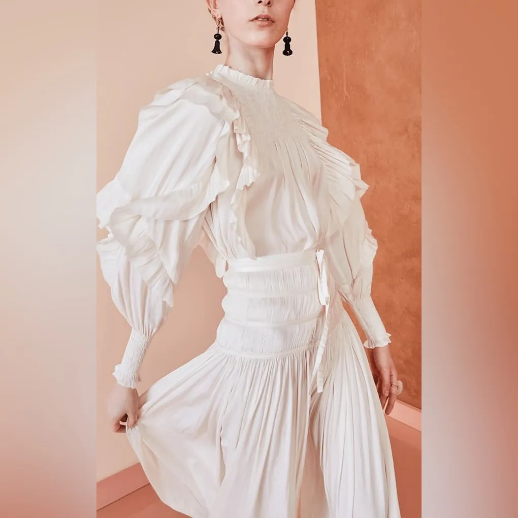 ULLA JOHNSON Jessamine Blouse Ivory Smocked Cascading Ruffles Mock Neck Size 4 - Image 2