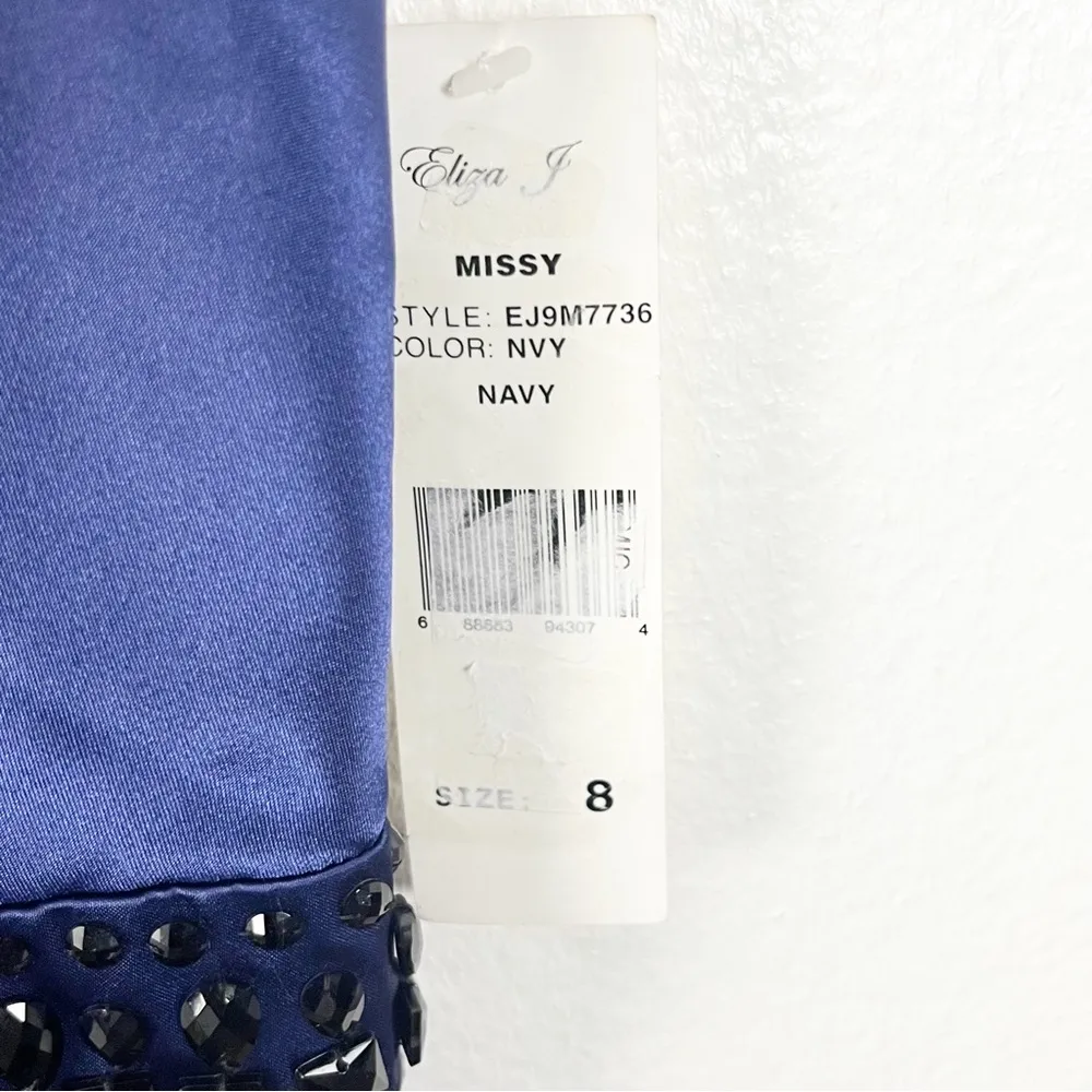 ELIZA J Navy Pleated Skirt Jeweled Waist Draped Neckline Back Zipper Dress 8 - Image 6