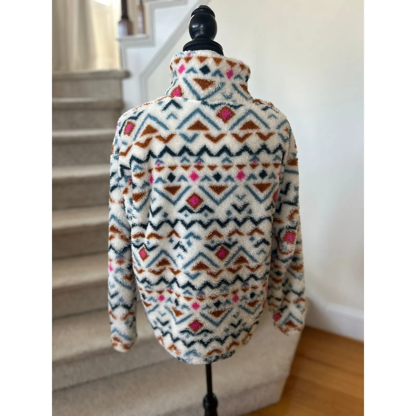 Eddie Bauer White Pink Teal Mustard Aztec Print Quarter Zip Long Sleeve Fleece - Image 3