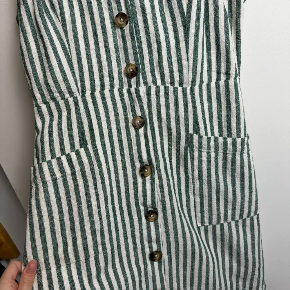 Lulu’s On the Pier Button Front Dress Sz Small Green White Stripe Linen Blend - Image 10