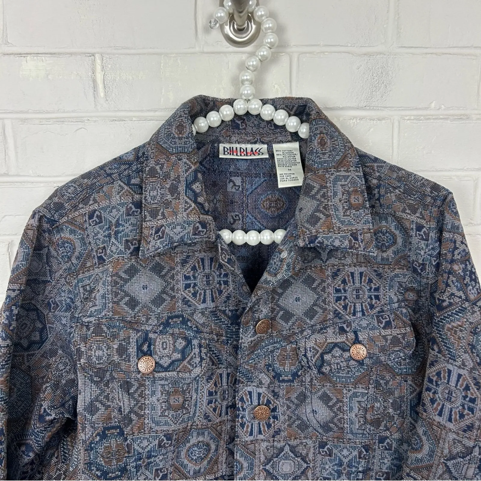 Vintage Bill Blass Patterned Tapestry Trucker Jacket Size M Blue Size M - Image 2
