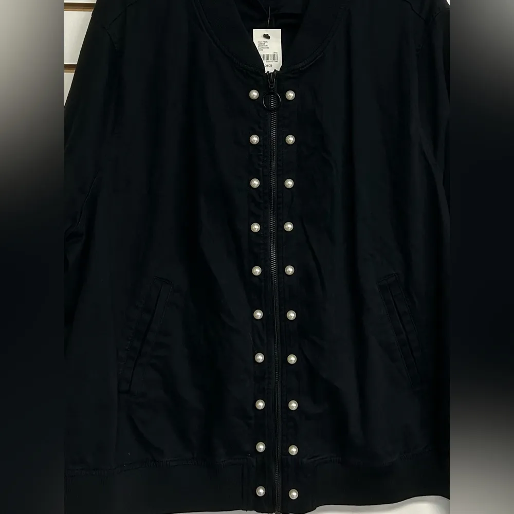 Lane Bryant 26/28 Bomber Jacket Black Faux Pearl Full Zip Long Sleeve Ruched NWT - Image 2