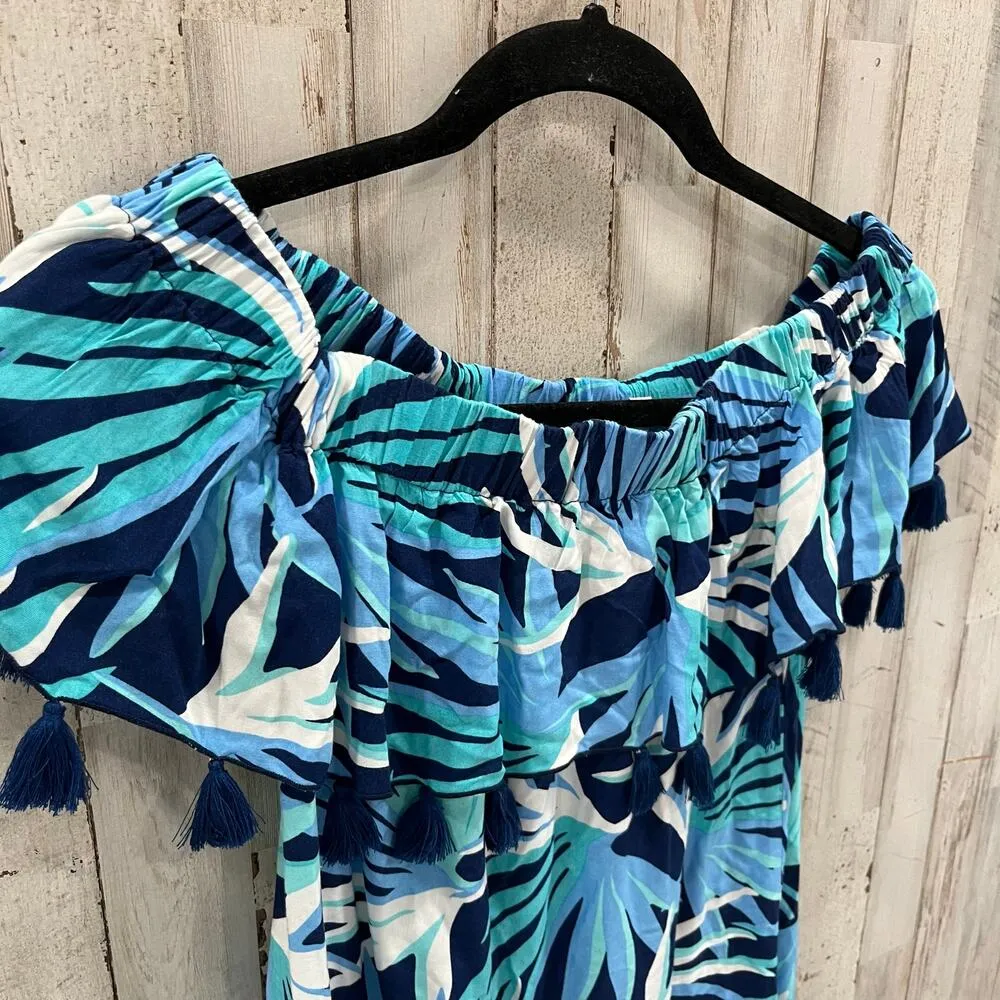 escapada Blue Tropical Floral Mini Dress Tunic Tassels Off The Shoulder XS - Image 2