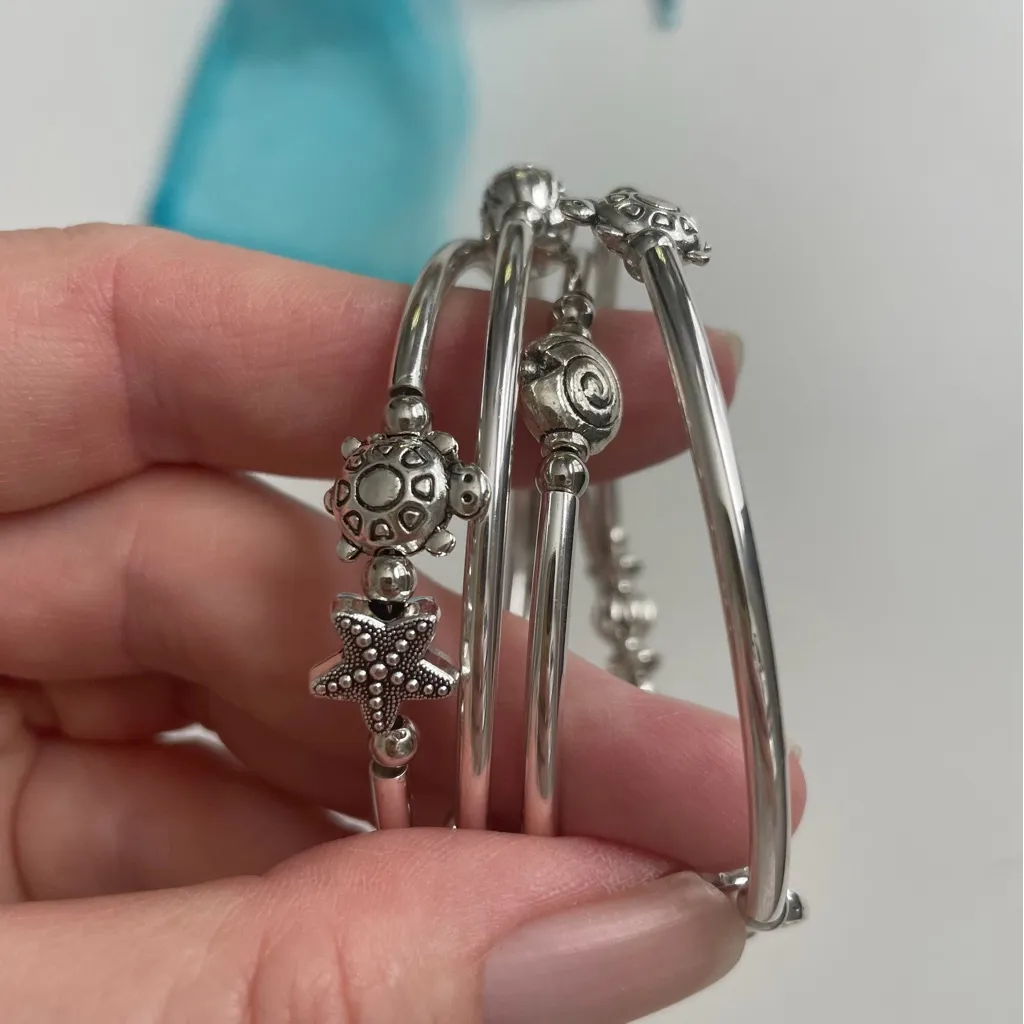 Swirly Bracelet Sea Charms Turtle Starfish Shell Flower Leaf Sun Silver Stretch - Image 12