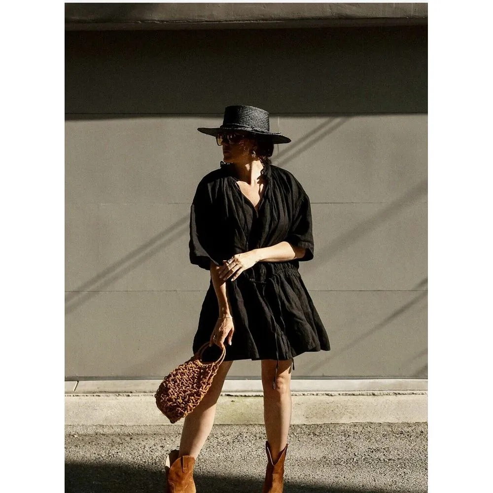 Brochu Walker Dress St. Tropez Onyx Black Linen Dropped Waist‎ Size M Resort - Image 2