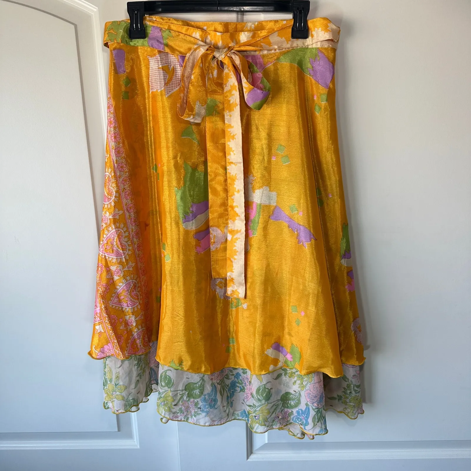 Floral‎ Wrap Skirt Bohemian Reversible Colorful Print Tie Waist Flowy Medium Orange - Image 3