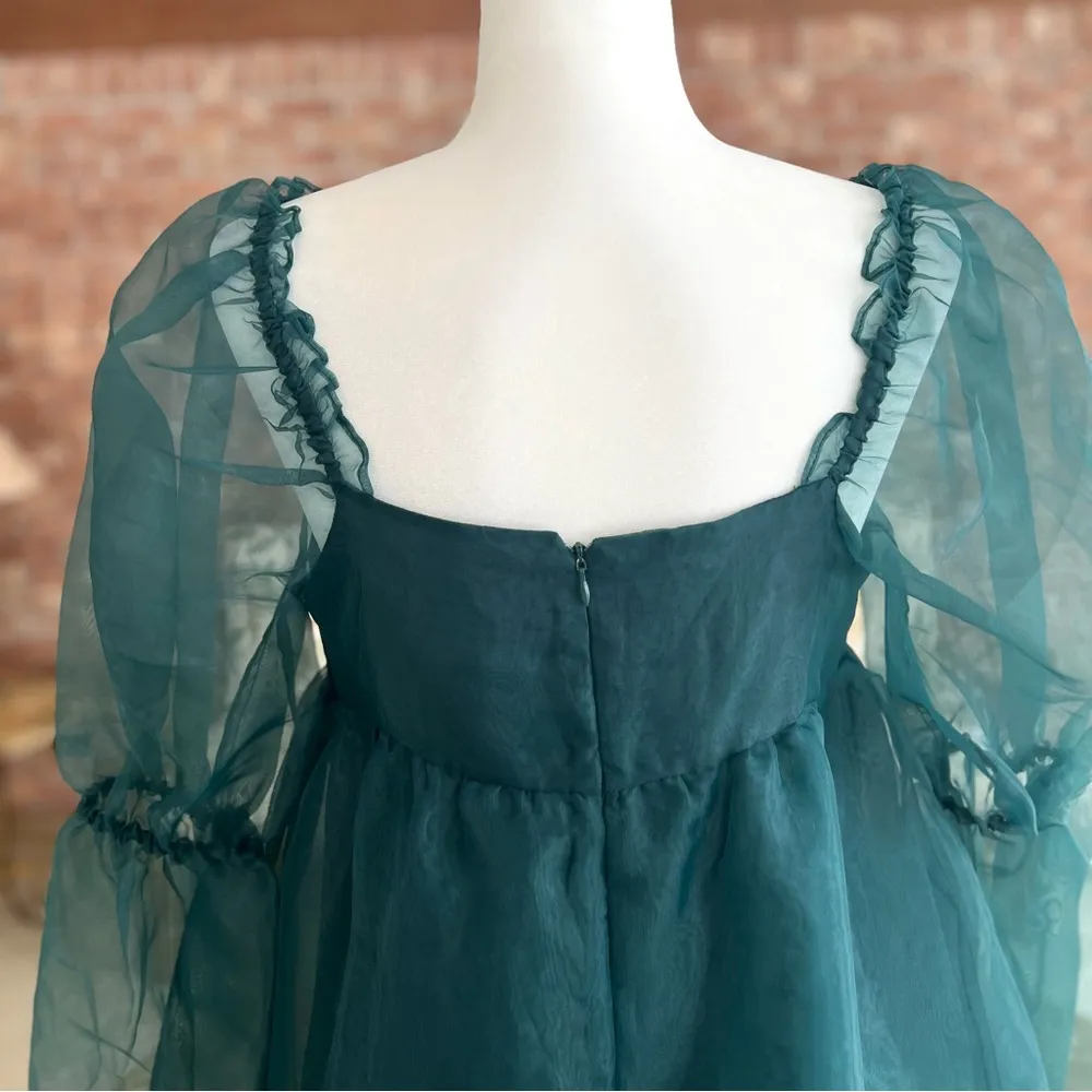 NEW Altar’d State Luretta Dress Teal Green Organza Babydoll Mini M (6/8) Party - Image 11