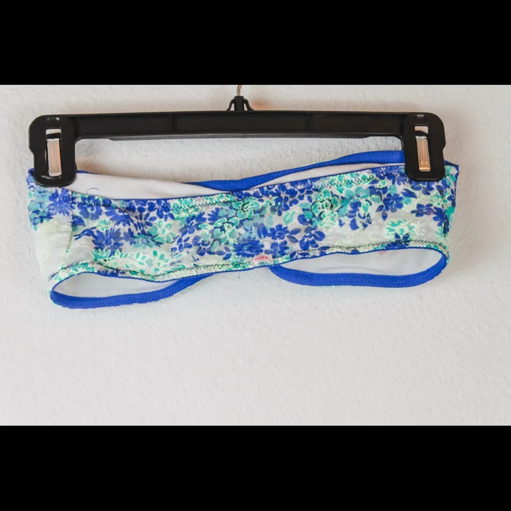 🔴 PINK Victoria’s Secret Blue Floral Lace Bandeau Bra Top | Size M | Stretchy - Image 4