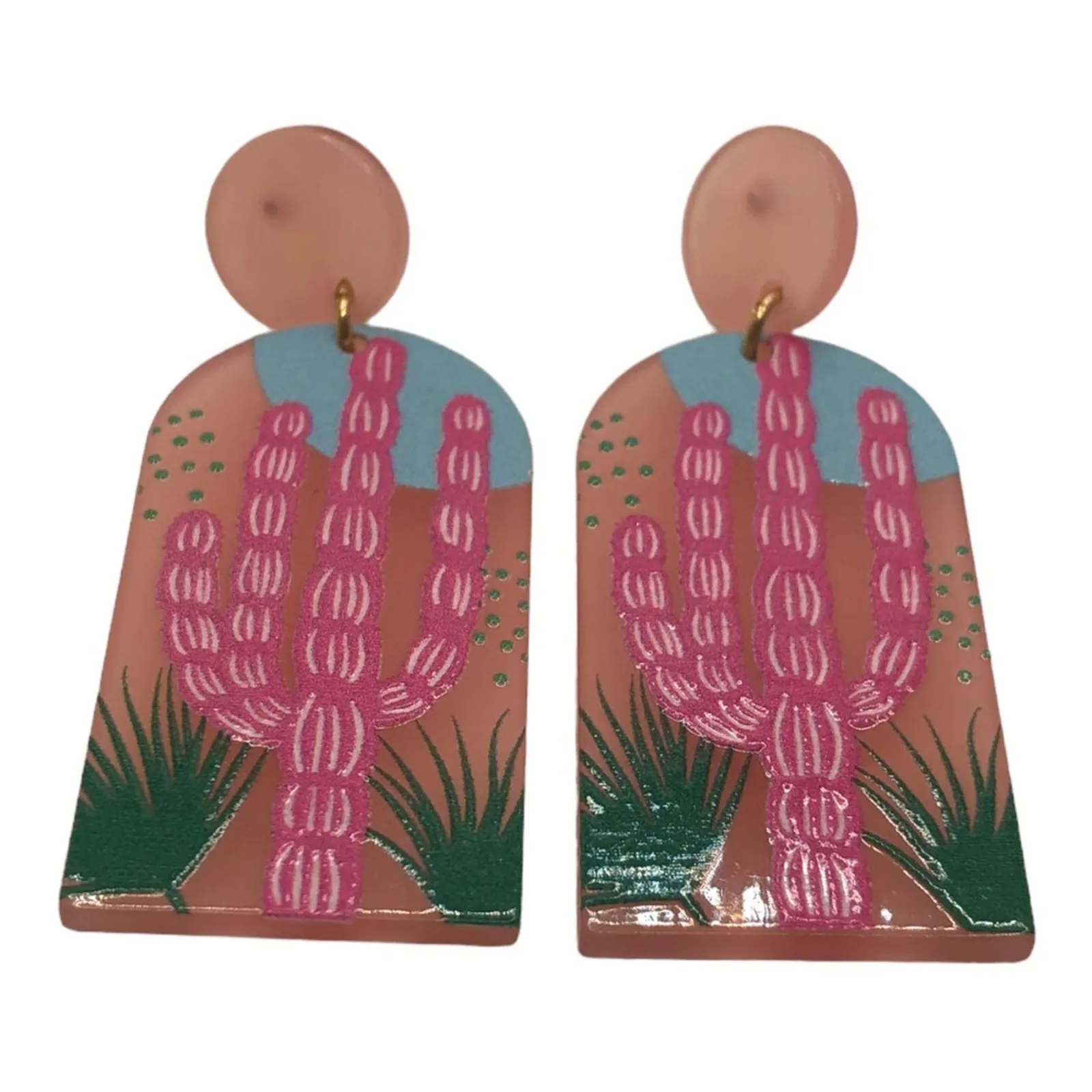 Prickly Pear Cactus Scene Post Dangle Earrings, Lightweight, Pink, Green, Blue Pink - Image 2