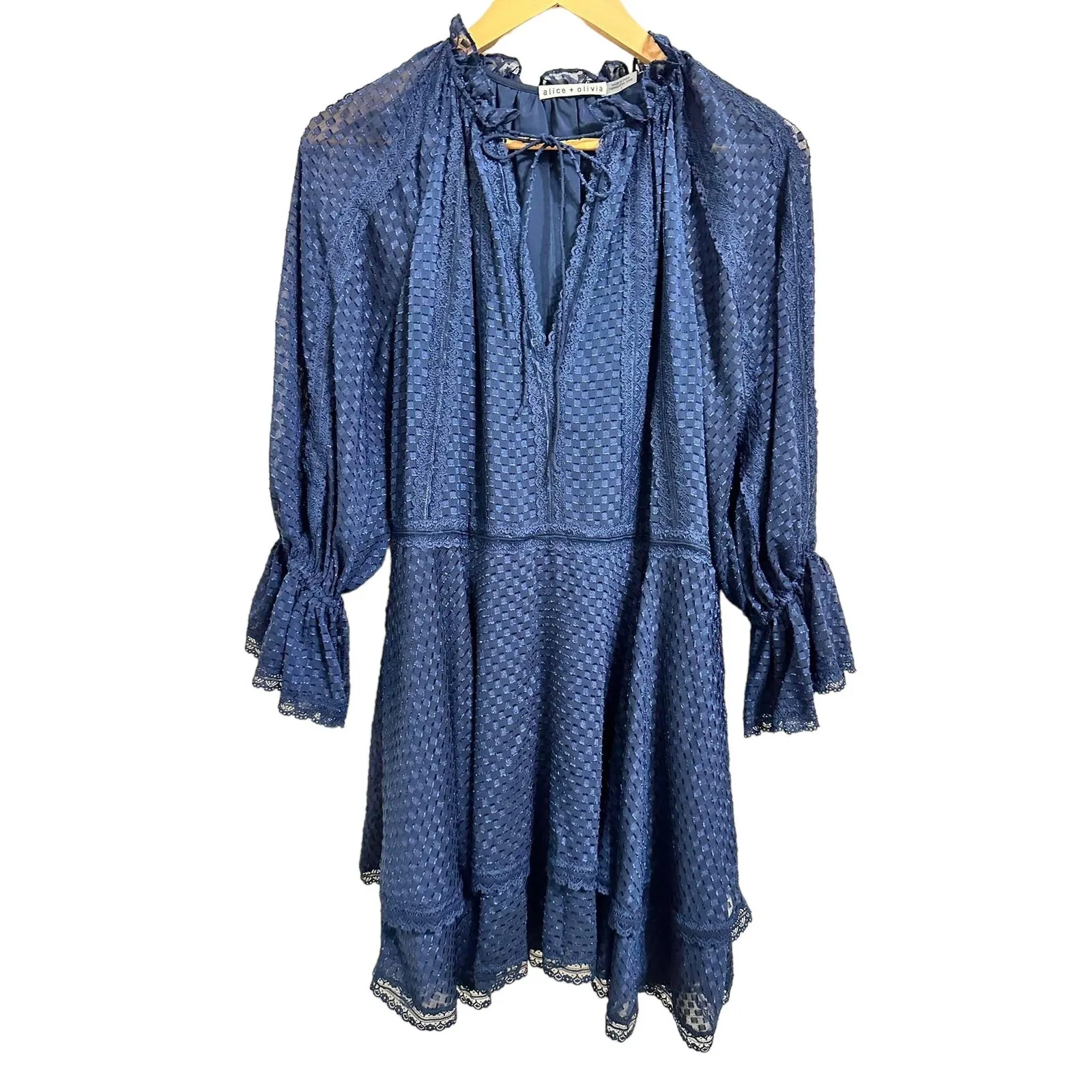 Alice+ Olivia Joanne Tiered Handkerchief Hem Dress Sapphire Blue Lace Trim‎ sz 2 - Image 2
