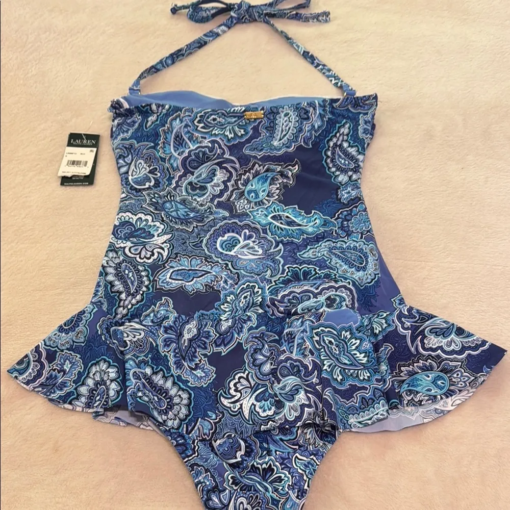 Lauren Ralph Lauren Blue Multi Paisley One Piece Skirted Bathing Suit Swim NWT - Image 6