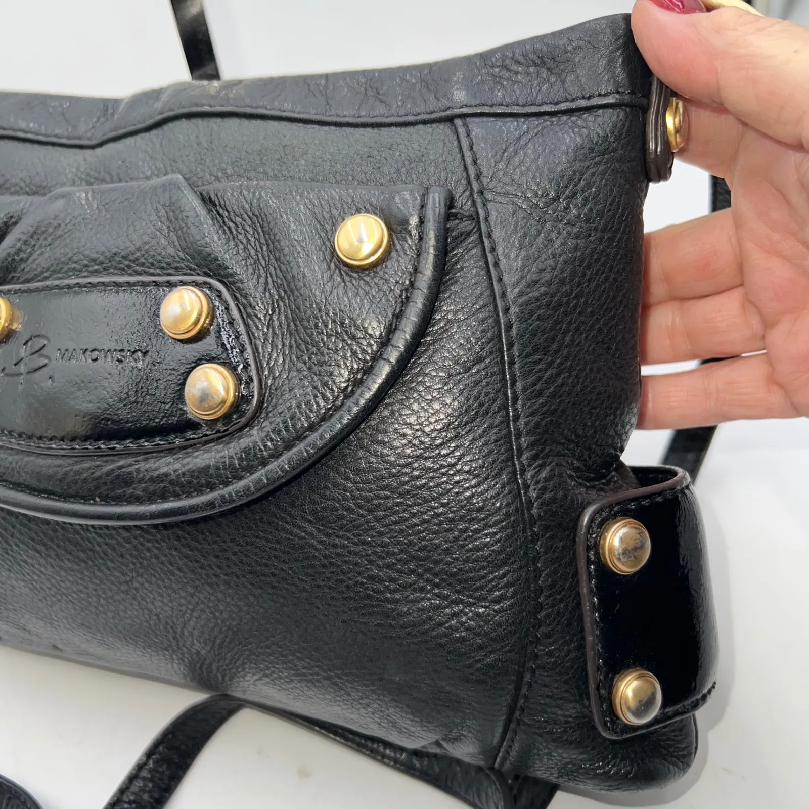 B Makowsky Black Leather Crossbody Bag Gold Hardware Leopard Print Lining - Image 13