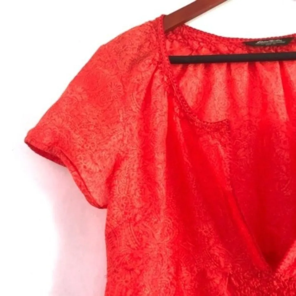 Eddie Bauer Blouse M Short Sleeves Pattern Semi-Sheer V-Neck Peasant Orange Boho - Image 4
