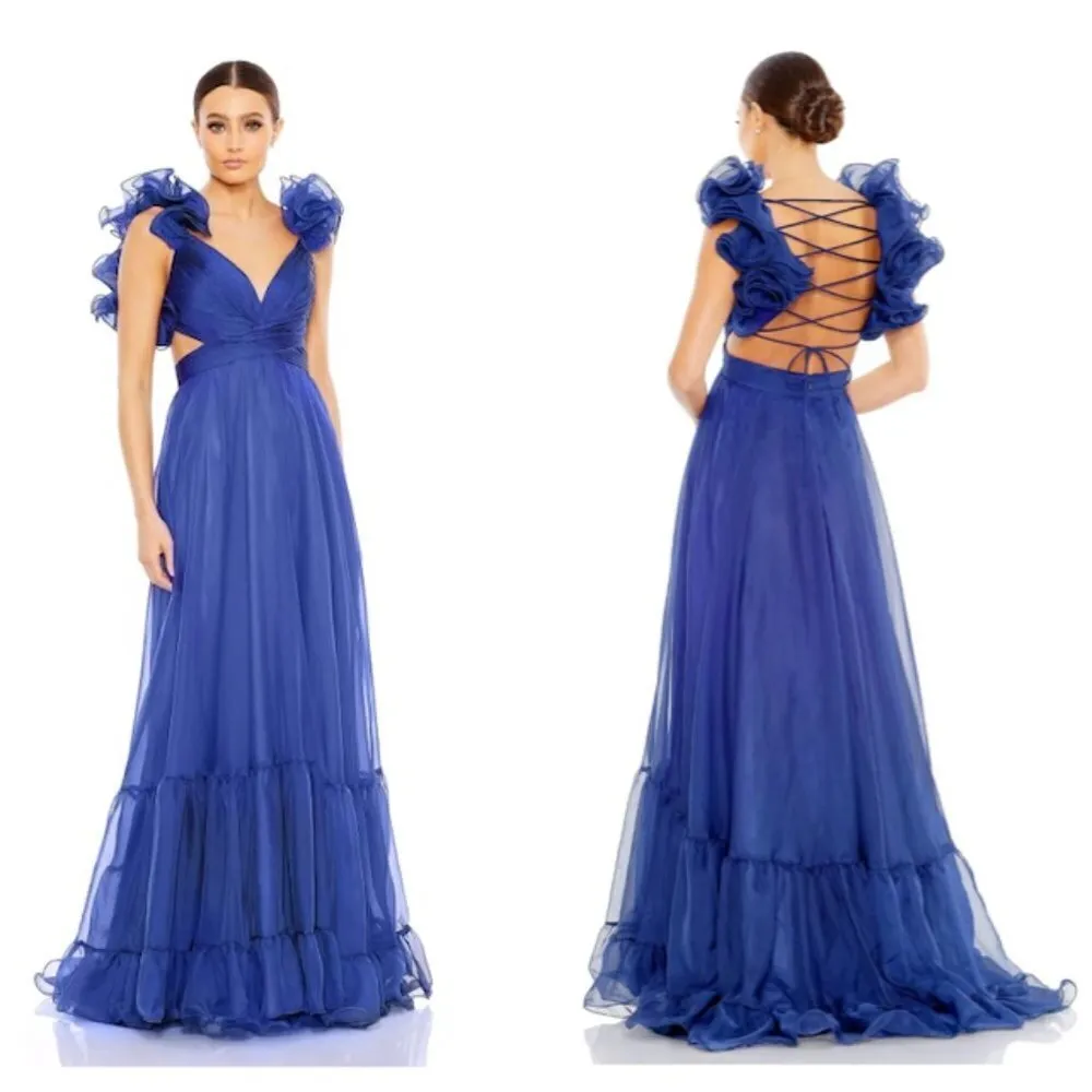 MAC DUGGAL Rosette Chiffon Cutout Empire Waist Gown in Cobalt Blue Size US 2 - Image 15