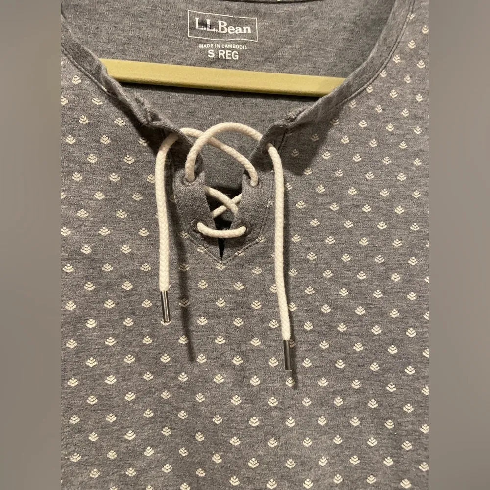 L.L. Bean Size S Gray Cream Print Cotton Lace Up Henley Tee Shirt 3/4 Sleeve - Image 9