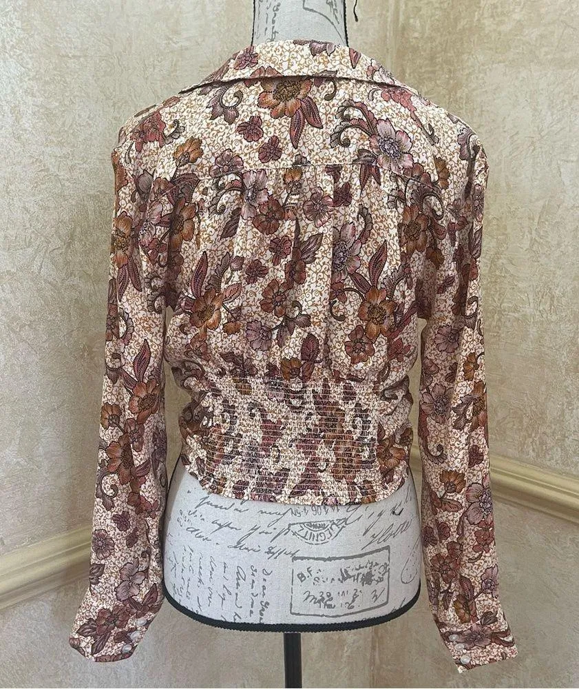 Free People I Got You Printed Long Sleeve Crop Top brown white Sz S - Image 9