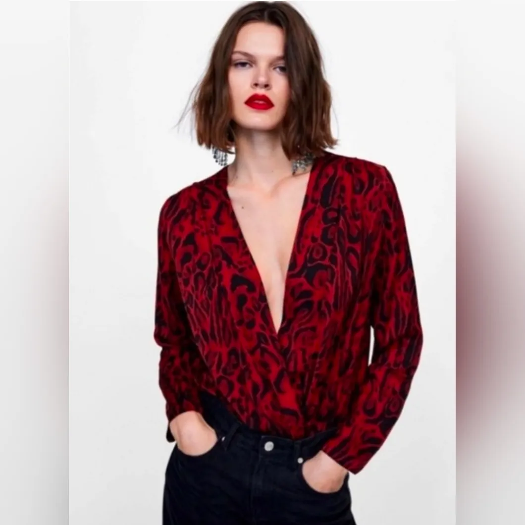 ZARA Red & Black Animal Print V-neck Bodysuit Size S - Image 2