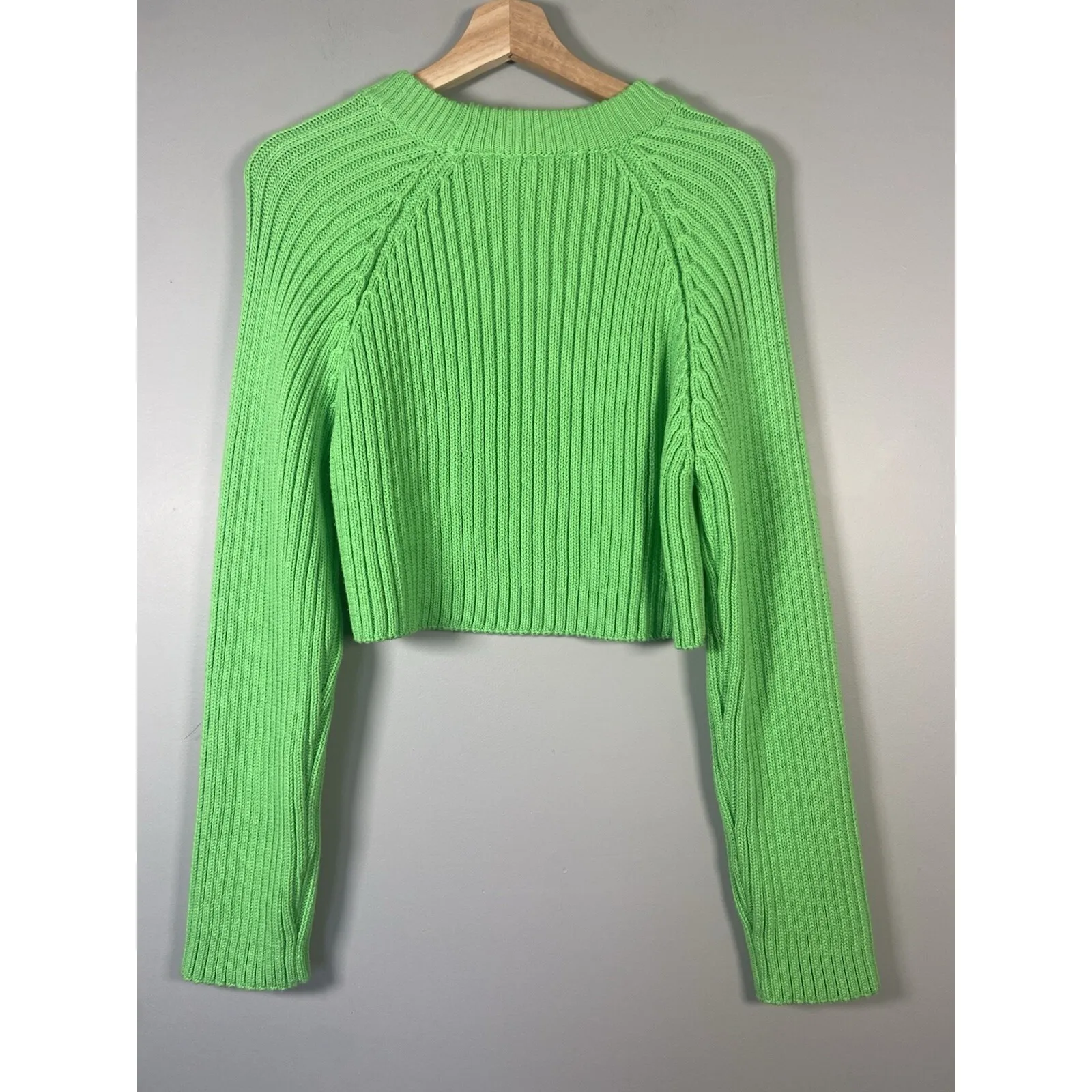 ZARA Ribbed Knit Cropped Sweater Long Sleeve Bright‎ Green Size L - Image 6