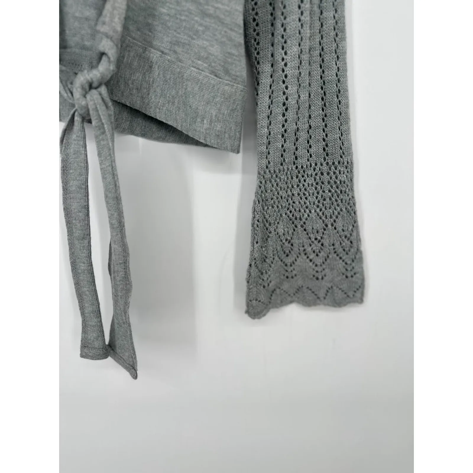 Y2K Vintage Hot Shot Grey Cardigan Tie Sweater Shrug Crochet Bell Sleeve Women M Gray Size M - Image 4