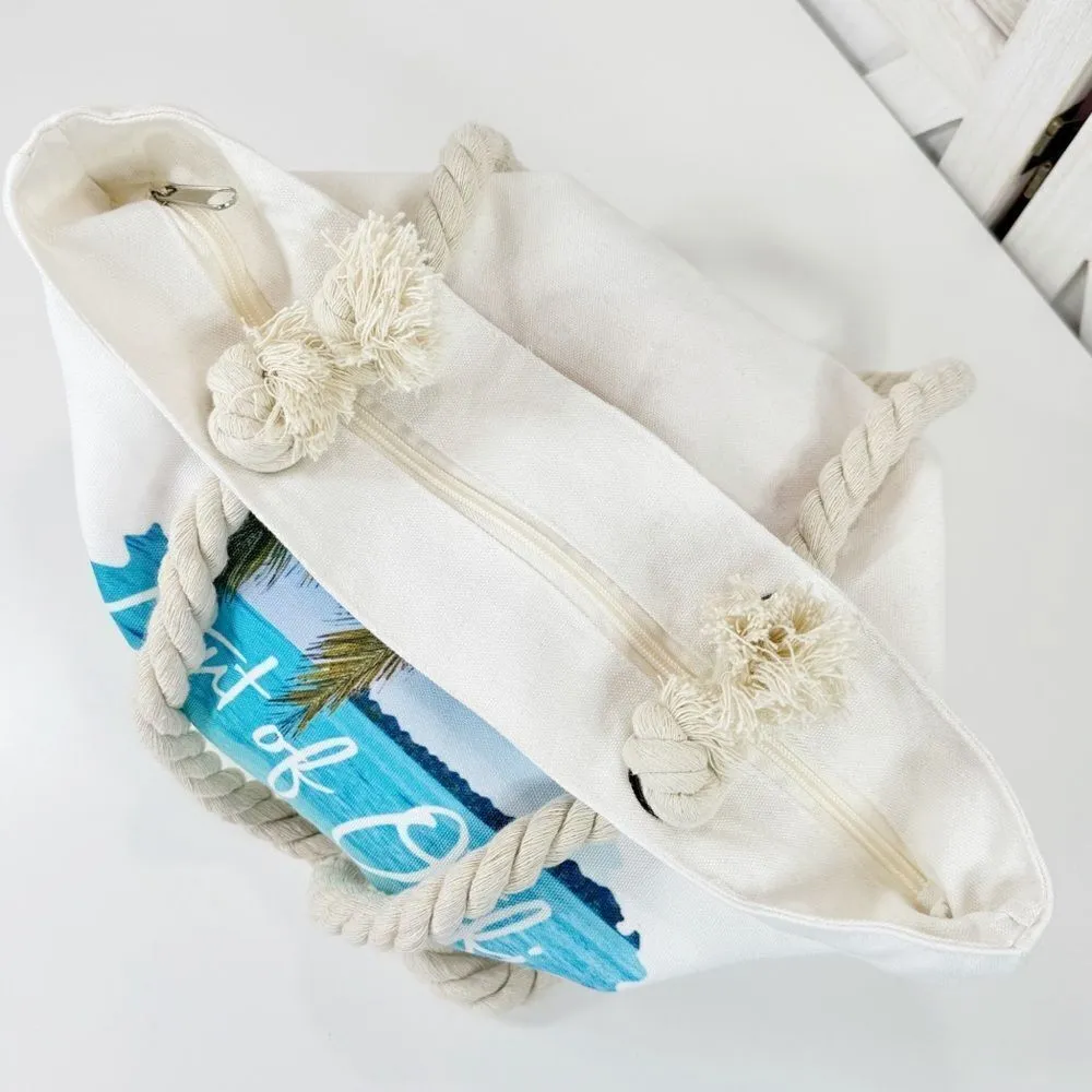 Tropical Out Of Office Beach Scene Canvas Tote Bag White Rope Straps - Image 6